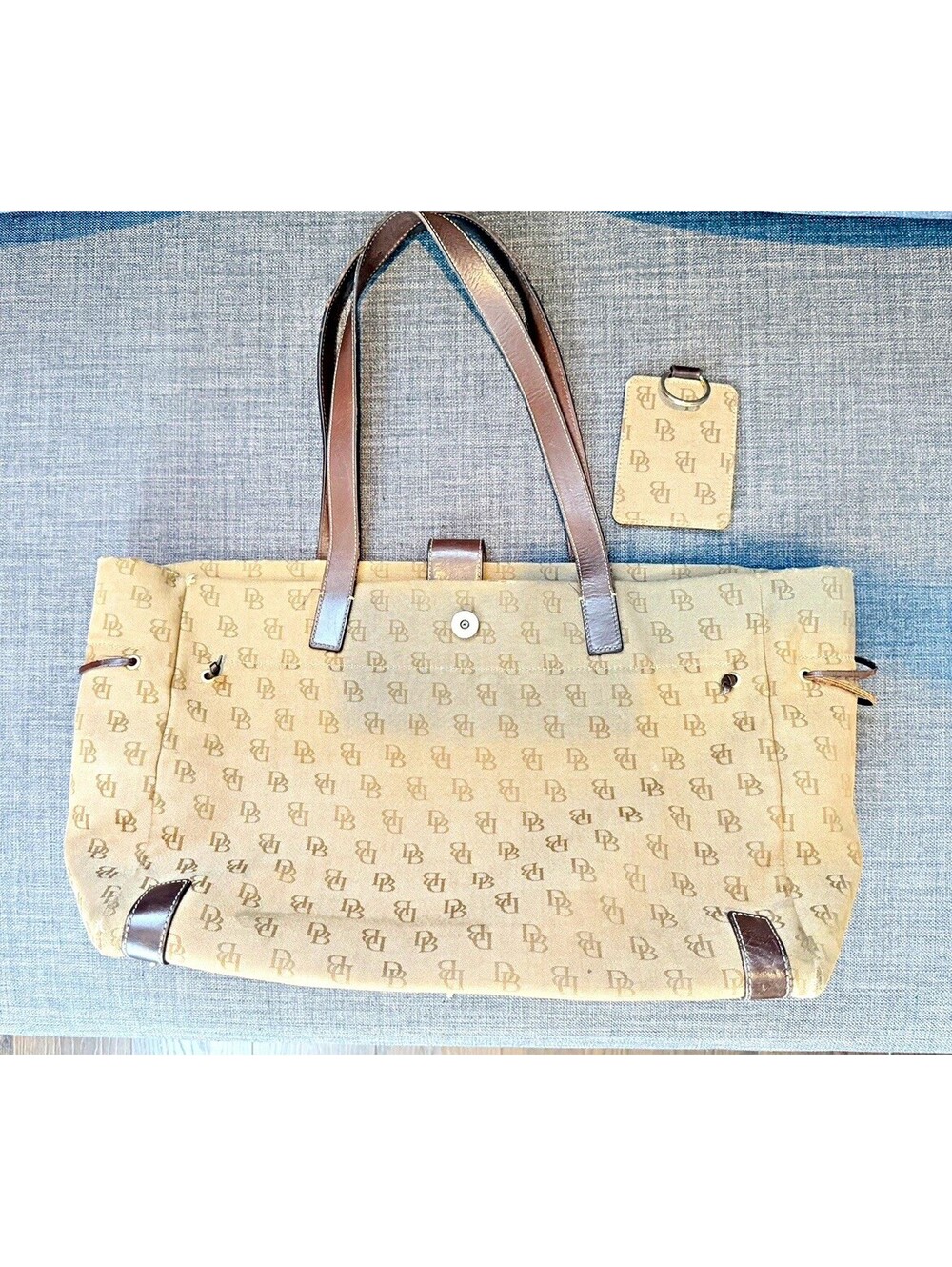 Vintage Dooney & Bourke DB Monogram Tan Brown Drawstring Tote Bag For Repair